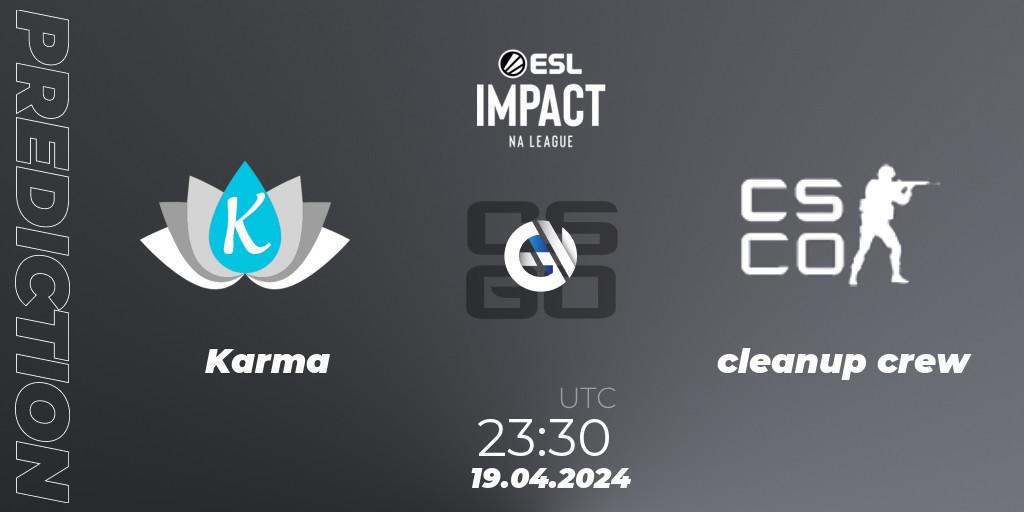 Prognose für das Spiel Karma VS cleanup crew. 19.04.24. CS2 (CS:GO) - ESL Impact League Season 5: North America