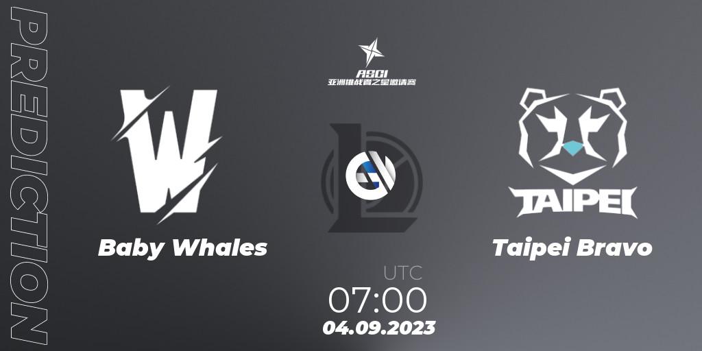 Prognose für das Spiel Baby Whales VS Taipei Bravo. 04.09.2023 at 07:00. LoL - Asia Star Challengers Invitational 2023