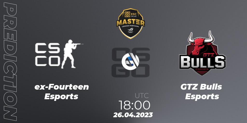 Prognose für das Spiel ex-Fourteen Esports VS GTZ Bulls Esports. 26.04.23. CS2 (CS:GO) - Master League Portugal Season 11: Online Stage