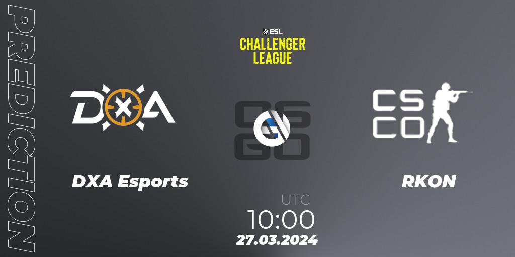 Prognose für das Spiel DXA Esports VS RKON. 27.03.2024 at 10:00. Counter-Strike (CS2) - ESL Challenger League Season 47: Oceania