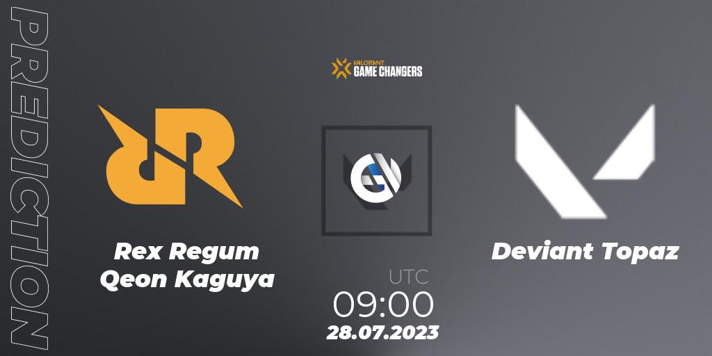 Prognose für das Spiel Rex Regum Qeon Kaguya VS Deviant Topaz. 28.07.2023 at 09:00. VALORANT - VCT 2023: Game Changers APAC Open 3
