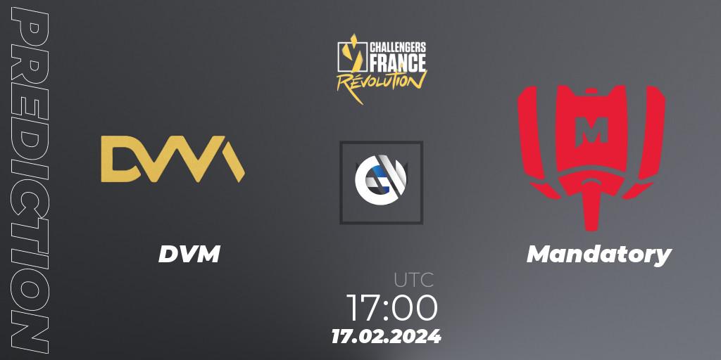 Prognose für das Spiel DVM VS Mandatory. 17.02.2024 at 17:00. VALORANT - VALORANT Challengers 2024 France: Revolution Split 1