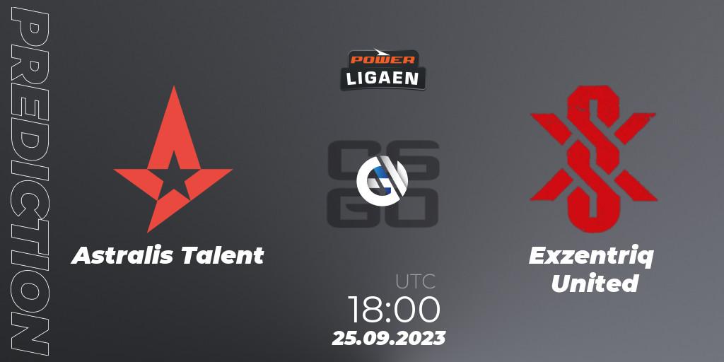 Prognose für das Spiel Astralis Talent VS Exzentriq United. 25.09.2023 at 18:00. Counter-Strike (CS2) - POWER Ligaen Season 24 Finals