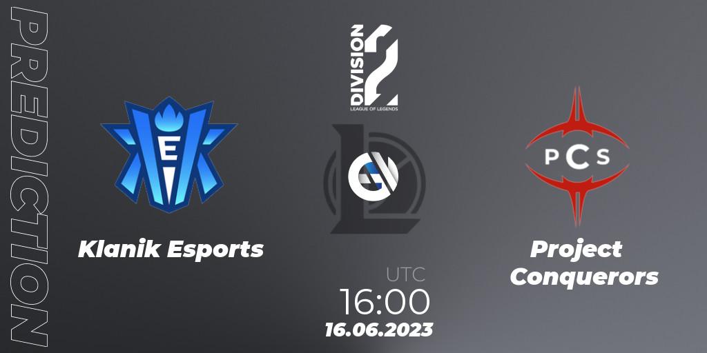 Prognose für das Spiel Klanik Esports VS Project Conquerors. 16.06.2023 at 16:00. LoL - LFL Division 2 Summer 2023 - Group Stage
