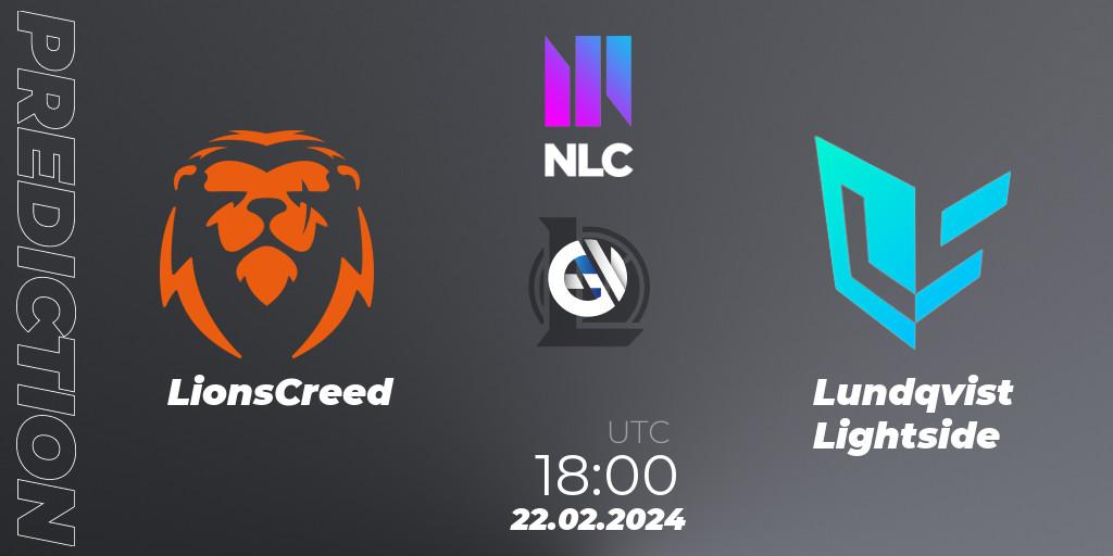 Prognose für das Spiel LionsCreed VS Lundqvist Lightside. 22.02.2024 at 18:00. LoL - NLC 1st Division Spring 2024