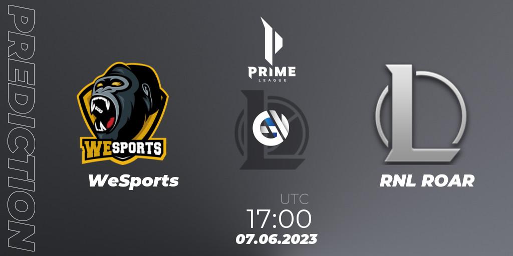Prognose für das Spiel WeSports VS RNL ROAR. 07.06.2023 at 17:00. LoL - Prime League 2nd Division Summer 2023