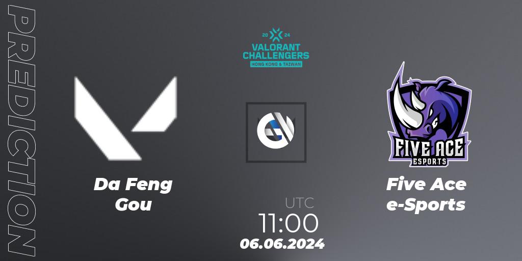 Prognose für das Spiel Da Feng Gou VS Five Ace e-Sports. 06.06.2024 at 11:00. VALORANT - VALORANT Challengers Hong Kong and Taiwan 2024: Split 2