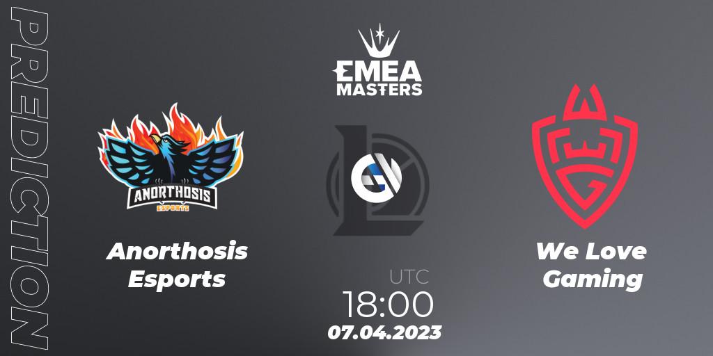 Prognose für das Spiel Anorthosis Esports VS We Love Gaming. 07.04.2023 at 18:00. LoL - EMEA Masters Spring 2023 - Play-In