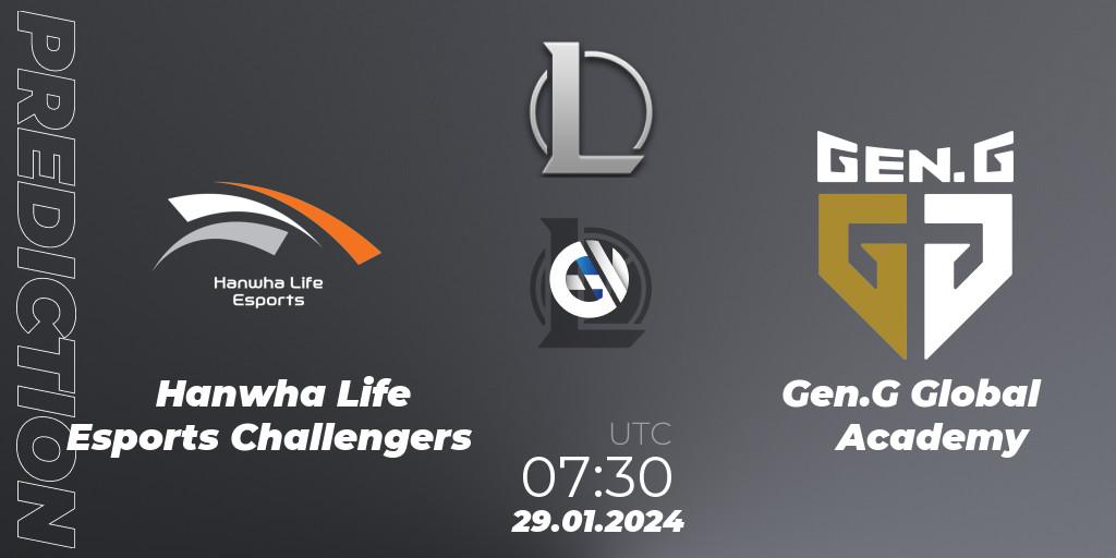 Prognose für das Spiel Hanwha Life Esports Challengers VS Gen.G Global Academy. 29.01.2024 at 07:30. LoL - LCK Challengers League 2024 Spring - Group Stage