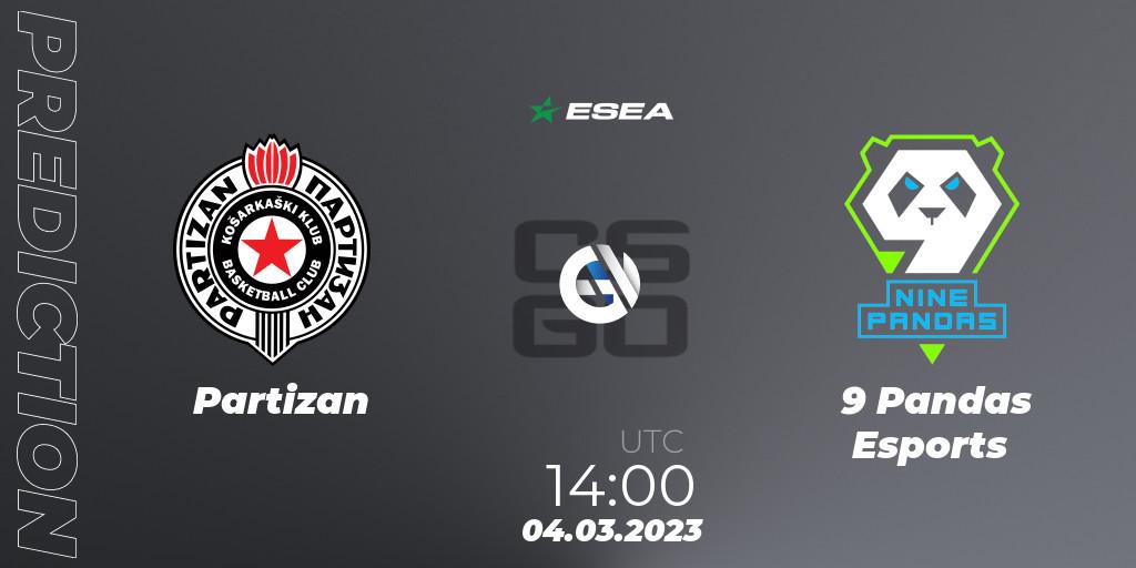 Prognose für das Spiel Partizan VS 9 Pandas Esports. 04.03.2023 at 14:00. Counter-Strike (CS2) - ESEA Season 44: Advanced Division - Europe