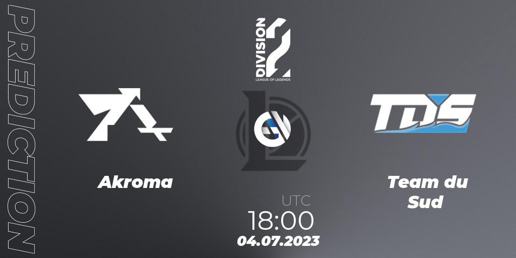 Prognose für das Spiel Akroma VS Team du Sud. 04.07.2023 at 18:00. LoL - LFL Division 2 Summer 2023 - Group Stage