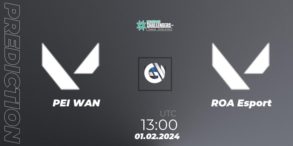 Prognose für das Spiel PEI WAN VS ROA. 01.02.2024 at 13:00. VALORANT - VALORANT Challengers Hong Kong and Taiwan 2024: Split 1