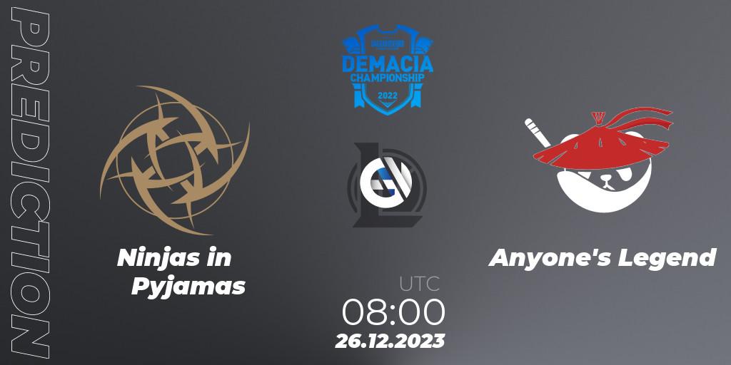 Prognose für das Spiel Ninjas in Pyjamas VS Anyone's Legend. 26.12.2023 at 08:00. LoL - Demacia Cup 2023 Group Stage