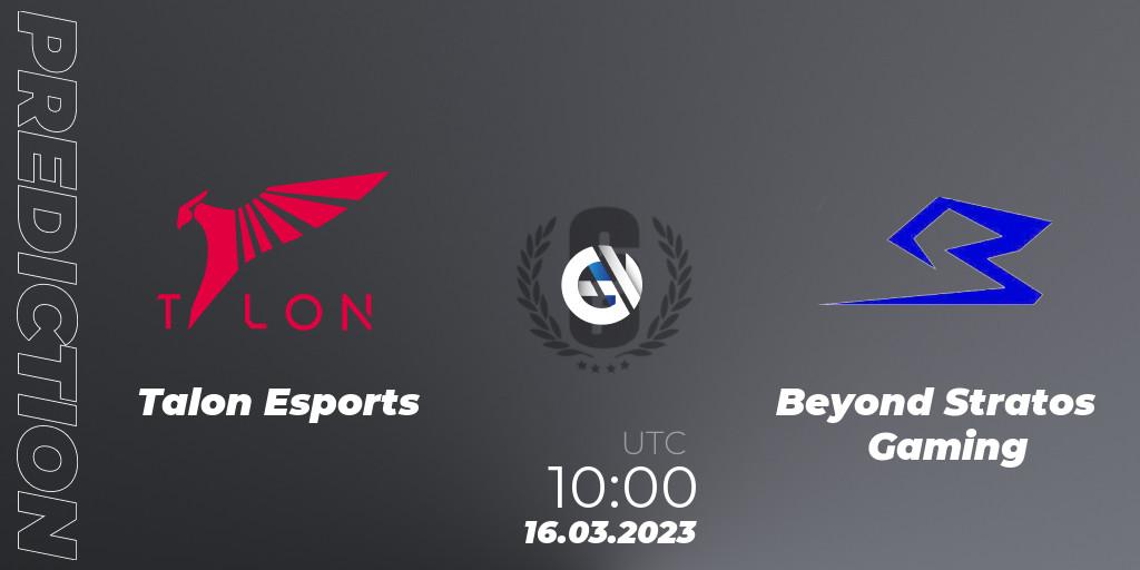 Prognose für das Spiel Talon Esports VS Beyond Stratos Gaming. 16.03.2023 at 10:00. Rainbow Six - South Korea League 2023 - Stage 1