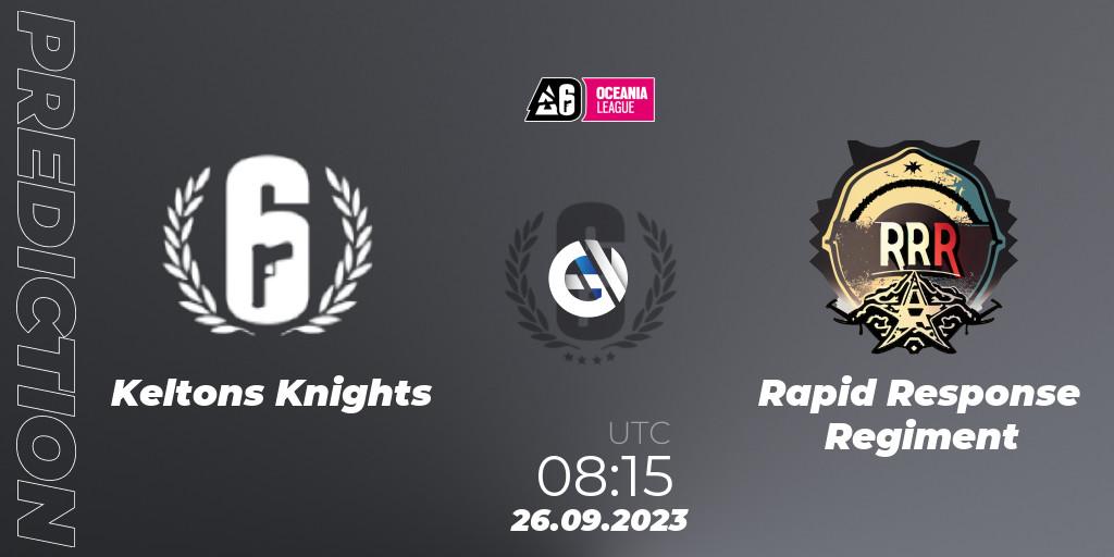 Prognose für das Spiel Keltons Knights VS Rapid Response Regiment. 26.09.2023 at 09:25. Rainbow Six - Oceania League 2023 - Stage 2
