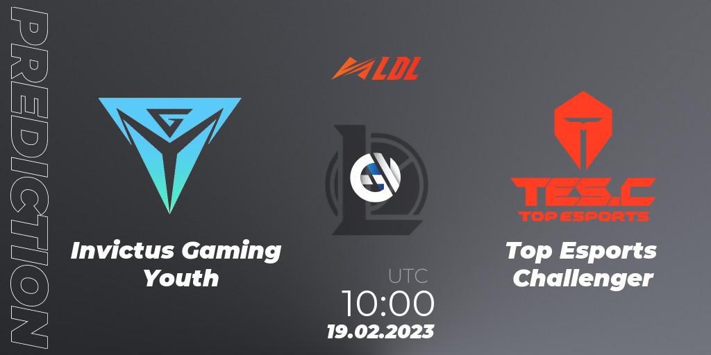 Prognose für das Spiel Invictus Gaming Youth VS Top Esports Challenger. 19.02.2023 at 10:15. LoL - LDL 2023 - Regular Season