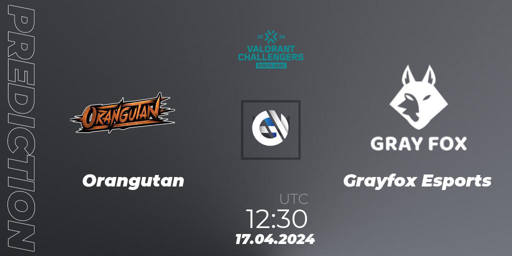 Prognose für das Spiel Orangutan VS Grayfox Esports. 30.04.2024 at 12:30. VALORANT - VALORANT Challengers 2024 South Asia: Split 1 - Cup 2