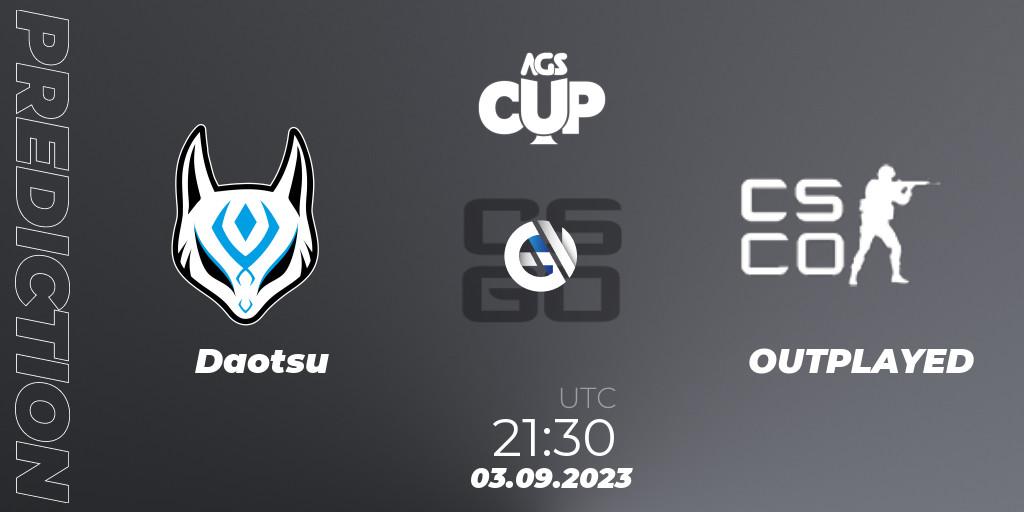Prognose für das Spiel Daotsu VS OUTPLAYED. 03.09.2023 at 22:55. Counter-Strike (CS2) - AGS CUP 2023: Open Qualififer #3