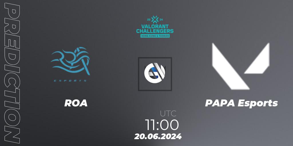 Prognose für das Spiel ROA VS PAPA Esports. 20.06.2024 at 11:00. VALORANT - VALORANT Challengers Hong Kong and Taiwan 2024: Split 2