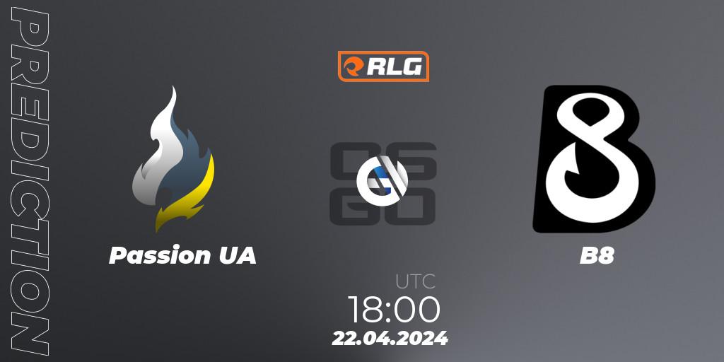 Prognose für das Spiel Passion UA VS B8. 22.04.24. CS2 (CS:GO) - RES European Series #2
