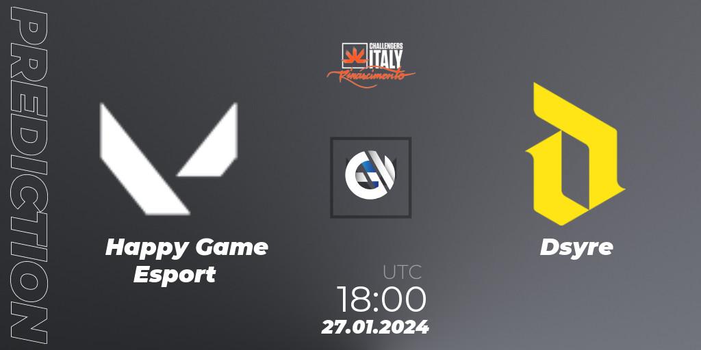 Prognose für das Spiel Happy Game Esport VS Dsyre. 27.01.2024 at 18:00. VALORANT - VALORANT Challengers 2024 Italy: Rinascimento Split 1
