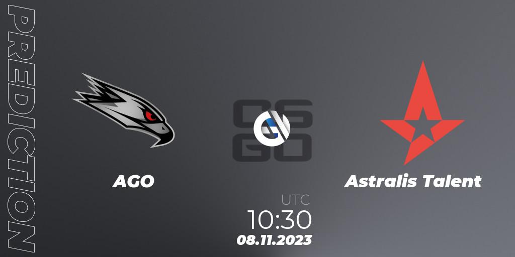 Prognose für das Spiel AGO VS Astralis Talent. 08.11.2023 at 12:00. Counter-Strike (CS2) - European Pro League Season 12: Division 2