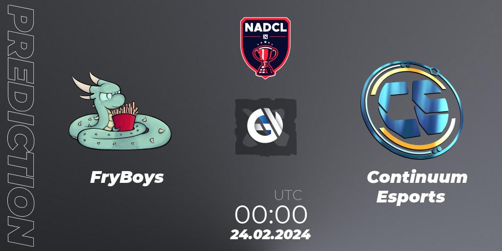 Prognose für das Spiel FryBoys VS Continuum Esports. 24.02.2024 at 00:00. Dota 2 - North American Dota Challengers League Season 6 Division 1