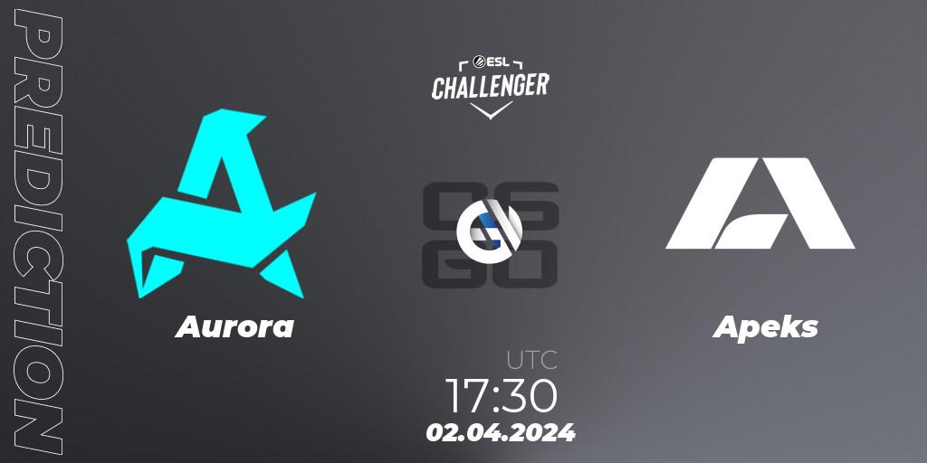 Prognose für das Spiel Aurora VS Apeks. 02.04.2024 at 17:30. Counter-Strike (CS2) - ESL Challenger #57: European Closed Qualifier