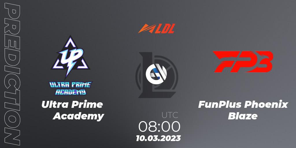 Prognose für das Spiel Ultra Prime Academy VS FunPlus Phoenix Blaze. 10.03.2023 at 09:00. LoL - LDL 2023 - Regular Season
