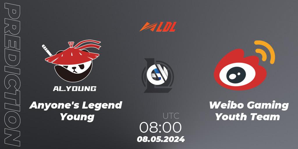 Prognose für das Spiel Anyone's Legend Young VS Weibo Gaming Youth Team. 08.05.2024 at 08:00. LoL - LDL 2024 - Stage 2