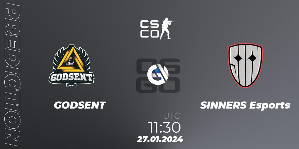 Prognose für das Spiel GODSENT VS SINNERS Esports. 27.01.2024 at 11:30. Counter-Strike (CS2) - European Pro League Season 13
