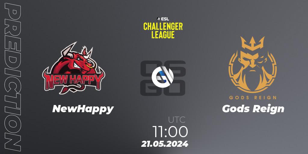 Prognose für das Spiel NewHappy VS Gods Reign. 21.05.2024 at 09:00. Counter-Strike (CS2) - ESL Challenger League Season 47: Asia