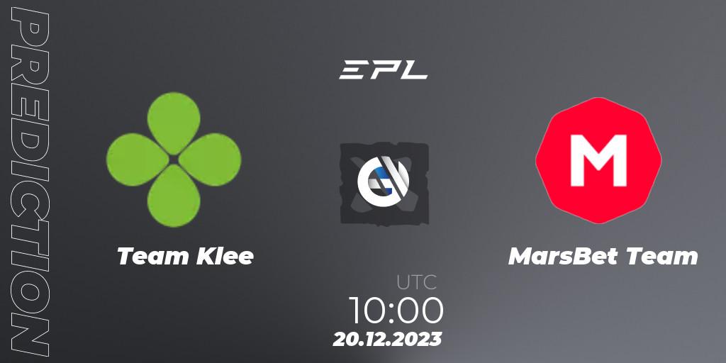 Prognose für das Spiel Team Klee VS MarsBet Team. 20.12.2023 at 10:00. Dota 2 - European Pro League Season 15