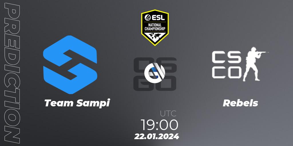 Prognose für das Spiel Team Sampi VS Rebels Gaming. 22.01.2024 at 19:00. Counter-Strike (CS2) - ESL Pro League Season 19 NC Europe Qualifier