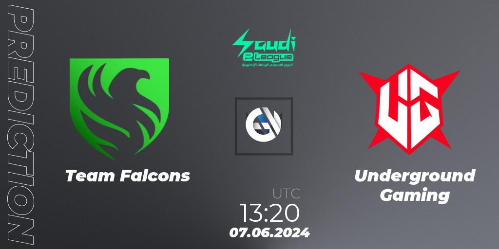 Prognose für das Spiel Team Falcons VS Underground Gaming. 07.06.2024 at 13:20. VALORANT - Saudi eLeague 2024: Major 2