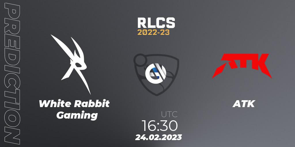 Prognose für das Spiel White Rabbit Gaming VS ATK. 24.02.2023 at 16:30. Rocket League - RLCS 2022-23 - Winter: Sub-Saharan Africa Regional 3 - Winter Invitational