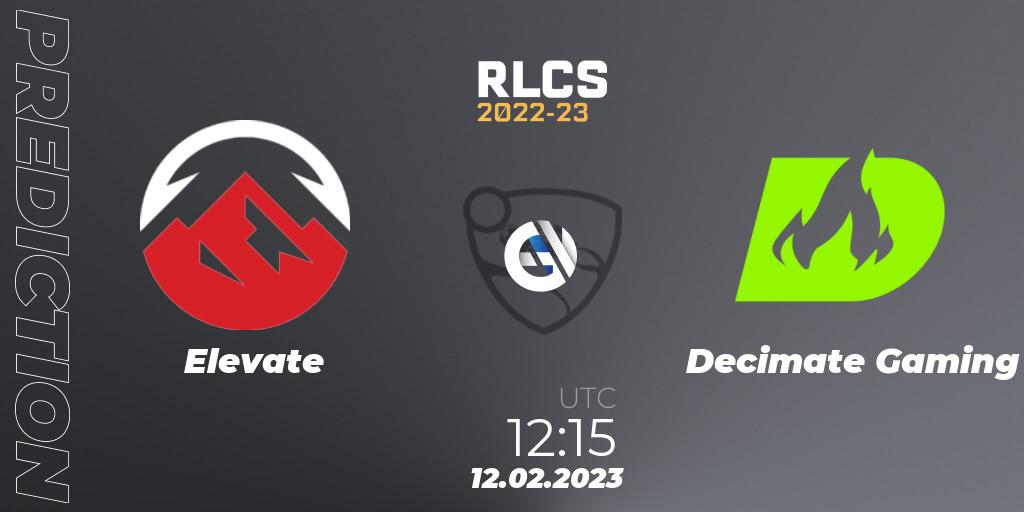 Prognose für das Spiel Elevate VS Decimate Gaming. 12.02.2023 at 12:15. Rocket League - RLCS 2022-23 - Winter: Asia-Pacific Regional 2 - Winter Cup