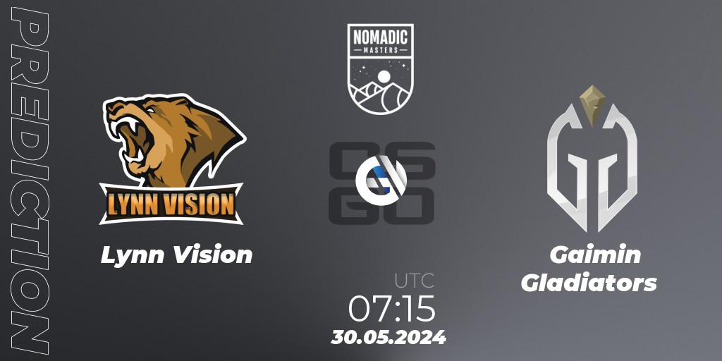 Prognose für das Spiel Lynn Vision VS Gaimin Gladiators. 30.05.2024 at 07:45. Counter-Strike (CS2) - MESA Nomadic Masters: Spring 2024