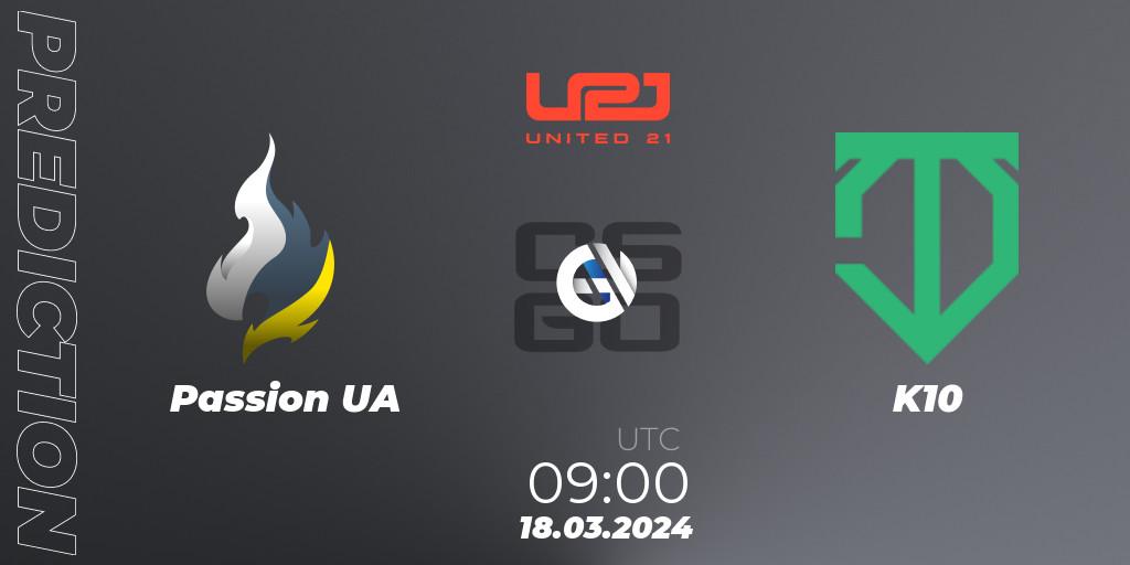 Prognose für das Spiel Passion UA VS K10. 17.03.2024 at 12:00. Counter-Strike (CS2) - United21 Season 13