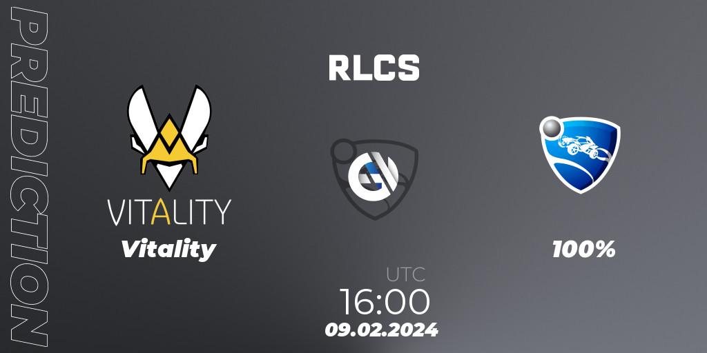 Prognose für das Spiel Vitality VS 100%. 09.02.2024 at 16:00. Rocket League - RLCS 2024 - Major 1: Europe Open Qualifier 1
