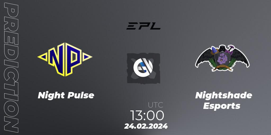 Prognose für das Spiel Night Pulse VS Nightshade Esports. 24.02.2024 at 13:00. Dota 2 - European Pro League Season 17: Division 2