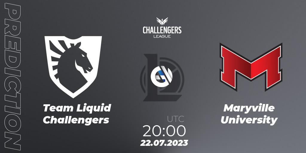 Prognose für das Spiel Team Liquid Challengers VS Maryville University. 22.07.2023 at 20:00. LoL - North American Challengers League 2023 Summer - Playoffs