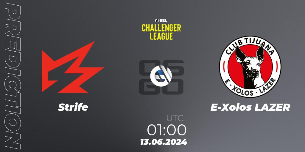 Prognose für das Spiel Strife VS E-Xolos LAZER. 13.06.2024 at 01:00. Counter-Strike (CS2) - ESL Challenger League Season 47 Relegation: North America