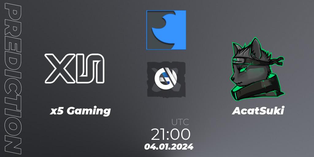 Prognose für das Spiel x5 Gaming VS AcatSuki. 10.01.2024 at 00:00. Dota 2 - FastInvitational DotaPRO Season 2