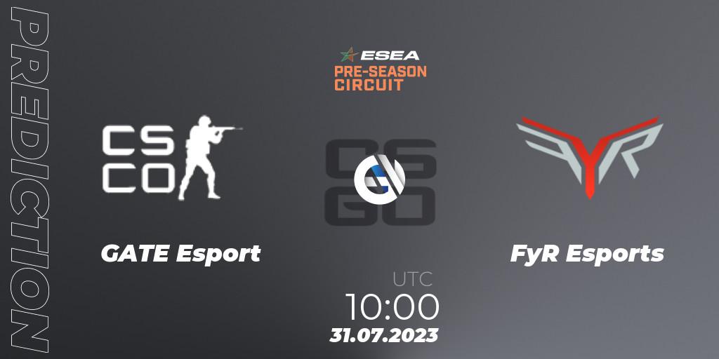Prognose für das Spiel GATE Esport VS FyR Esports. 31.07.2023 at 10:00. Counter-Strike (CS2) - ESEA Pre-Season Circuit 2023: Asian Final