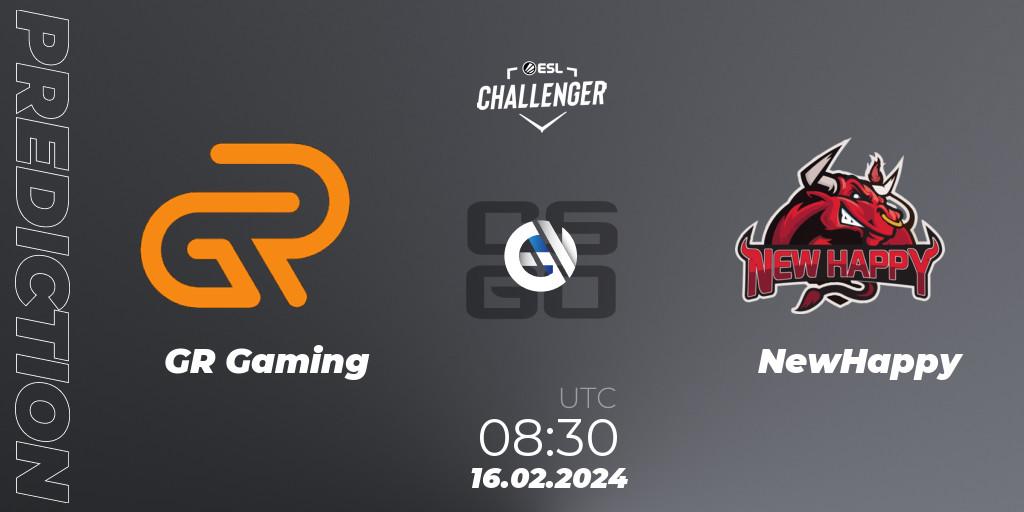 Prognose für das Spiel GR Gaming VS NewHappy. 16.02.2024 at 08:30. Counter-Strike (CS2) - ESL Challenger #56: Asian Qualifier