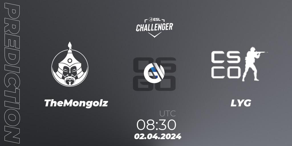 Prognose für das Spiel TheMongolz VS LYG Gaming. 02.04.24. CS2 (CS:GO) - ESL Challenger #57: Asian Closed Qualifier
