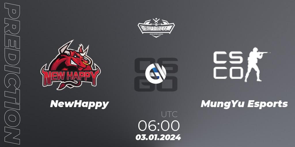 Prognose für das Spiel NewHappy VS MungYu Esports. 03.01.2024 at 06:00. Counter-Strike (CS2) - Asian Super League Season 1
