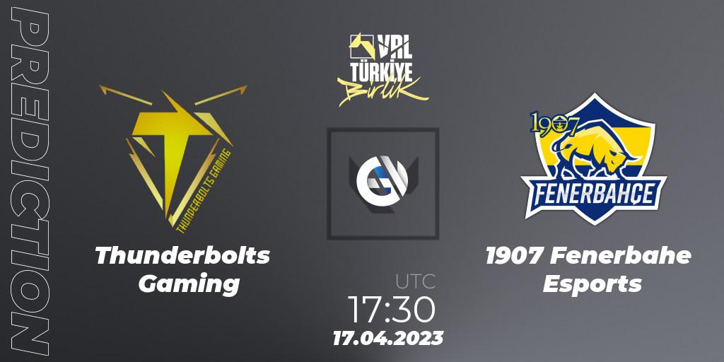 Prognose für das Spiel Thunderbolts Gaming VS 1907 Fenerbahçe Esports. 17.04.2023 at 17:30. VALORANT - VALORANT Challengers 2023: Turkey Split 2 - Regular Season