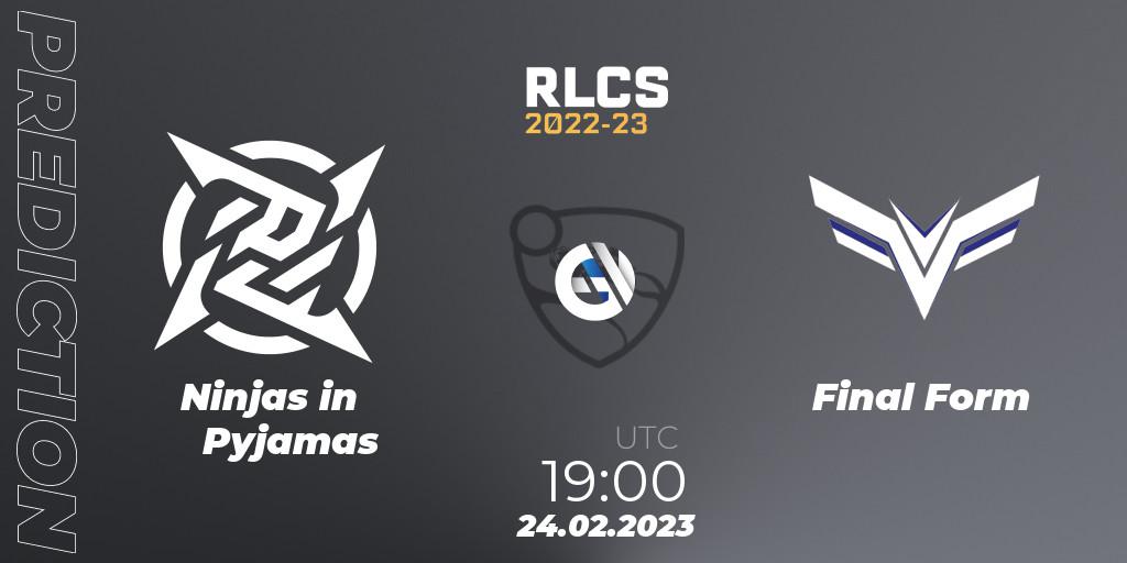 Prognose für das Spiel Ninjas in Pyjamas VS Final Form. 24.02.2023 at 19:00. Rocket League - RLCS 2022-23 - Winter: South America Regional 3 - Winter Invitational